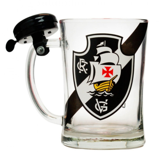 Caneca de vidro do Vasco da Gama com sino no cabo e escudo do clube estampado.