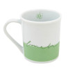 Caneca de porcelana branca com faixa verde e texto "love life" estampado, decorada com smbolo de sol no interior.