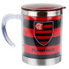 Caneca do Flamengo em inox com tampa vermelha, alca transparente e estampa do escudo do clube em listras vermelhas e pretas.