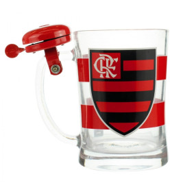 Caneca de vidro com design do Flamengo, apresentando o escudo e listras vermelhas e pretas.