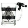 Caneca de vidro para chopp do Corinthians com o logotipo do clube na cor fosco e detalhes em preto e branco.