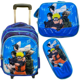 Mochila Kit C/ Lancheira e Estojo Naruto C/ Carrinho de Rodinha Removvel