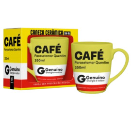 Caneca de cermica amarela com estampa temtica "CAF Parasetomar Quentim 350ml" e embalagem personalizada com design similar ao produto.