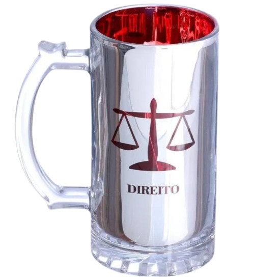 Caneca de vidro para chopp com interior vermelho metalizado, ala transparente e smbolo de Direito estampado.