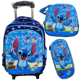 Mochila Kit C/ Lancheira e Estojo Stitch Disney C/ Carrinho de Rodinha Removvel