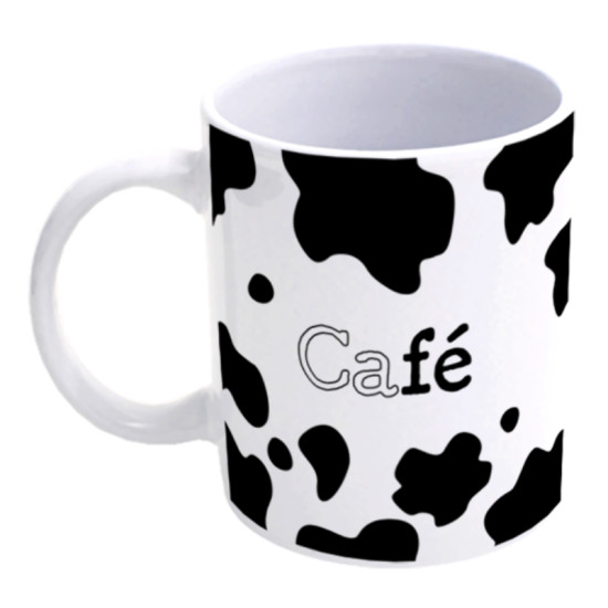 Caneca de porcelana de 300ml com estampa de manchas de vaca e a palavra "Caf", ideal para amantes de caf e design divertido.