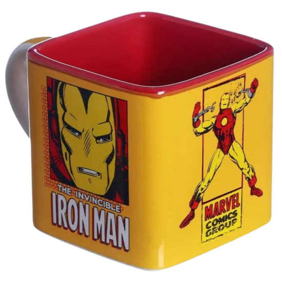 Caneca quadrada amarela com interior vermelho, estampa do Homem de Ferro e design temtico da Marvel Comics Group.