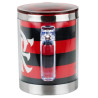 Vista traseira da caneca do Flamengo em inox com tampa vermelha, alca transparente e listras vermelhas e pretas, destacando o design robusto.