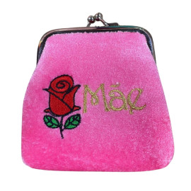 Bolsa Porta Moeda Me C/ Bordado Flor Veludo Rosa