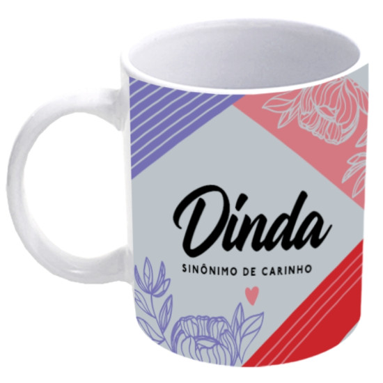 Caneca com a palavra "Dinda" e a frase "Sinnimo de Carinho", com estampa delicada em tons de roxo, vermelho e flores, ideal para presentear uma dinda especial.