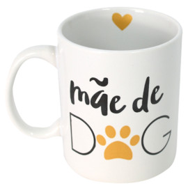 Caneca com a frase "Me de DOG" e uma patinha de cachorro, com um corao amarelo no interior, ideal para mes de pets e amantes de ces.