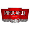 Balde de pipoca "Pipocaflix" com design vermelho, estampado com pipocas e a palavra "Pipocaflix", ideal para sesses de cinema e filmes em casa.