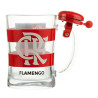 Caneca de vidro com as cores e logotipo do Flamengo, apresentando um design moderno e divertido com um sino na tampa.