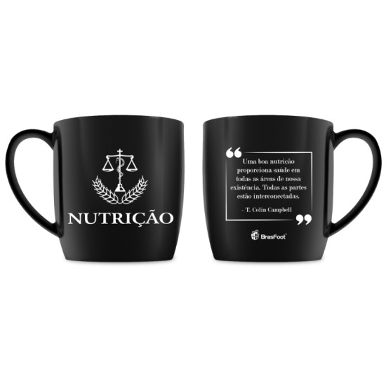 Caneca de porcelana preta com tema de Nutrio, estampada com smbolo da balana e folhas e frase "Uma boa nutrio proporciona sade em todas as reas de nossa existncia. Todas as partes esto interconectadas - T. Colin Campbell".