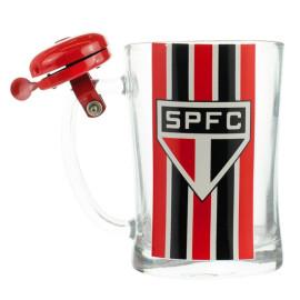 Caneca de vidro com design do So Paulo FC, incluindo o logotipo e listras vermelhas e pretas, com um sino vermelho na tampa.