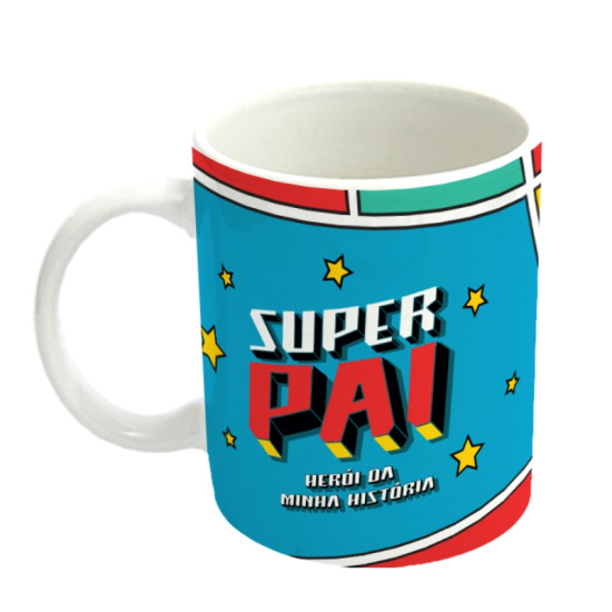 Caneca de porcelana com design de super-heri, com a inscrio "SUPER PAI" e "HEROI DA MINHA HISTRIA" em cores vibrantes, incluindo azul e vermelho. A caneca  decorada com estrelas e elementos grficos inspirados em quadrinhos, criando um visual dinmico e divertido.