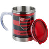 Caneca do Flamengo em inox com tampa vermelha removida, alca transparente e estampa do escudo do clube em listras vermelhas e pretas.