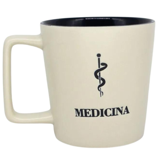 Caneca de cermica com o smbolo da medicina e a palavra "MEDICINA" na base. A caneca tem um design simples e elegante, com a parte interna preta e o corpo creme. Ideal para profissionais e estudantes da rea da sade.