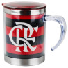 Vista lateral da caneca do Flamengo em inox com tampa vermelha, alca transparente e listras vermelhas e pretas, destacando o monograma do clube.