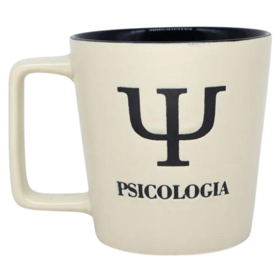 Caneca de cermica com smbolo de Psicologia e a palavra "PSICOLOGIA".