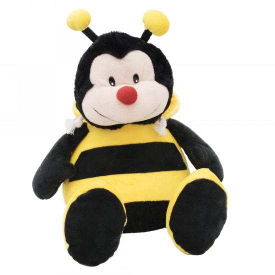 Pelcia de abelhinha com capuz amarelo e rosto sorridente, ideal para presente ou decorao infantil.