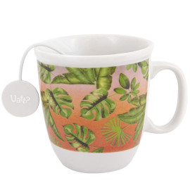 Caneca Porcelana Com Infusor Estampa Folhagens