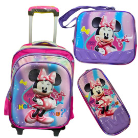 Mochila Kit C/ Lancheira e Estojo Minnie Mouse C/ Carrinho de Rodinha Removvel