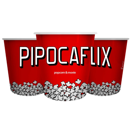 Balde de pipoca "Pipocaflix" com design vermelho, estampado com pipocas e a palavra "Pipocaflix", ideal para sesses de cinema e filmes em casa.