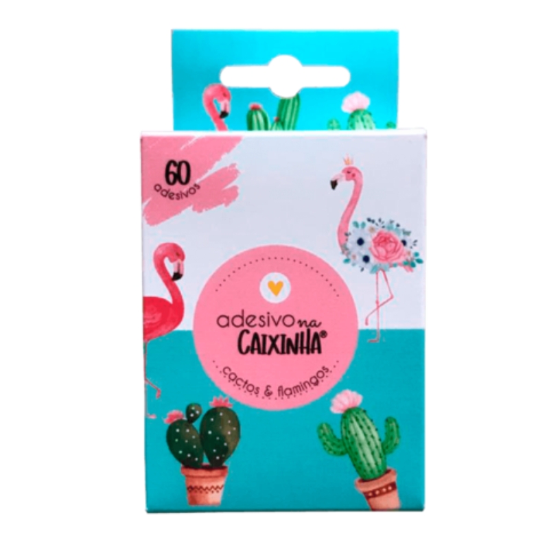 Adesivo escolar, caixa com 60 unidades, apresentando desenhos de flamingos e cactos coloridos, ideal para personalizao e decorao criativa.