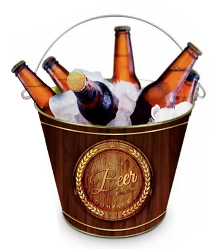 Balde de gelo personalizado "Beer" com garrafas de cerveja e embalagem temtica "Happy Hour", ideal para manter as bebidas geladas em festas e encontros.