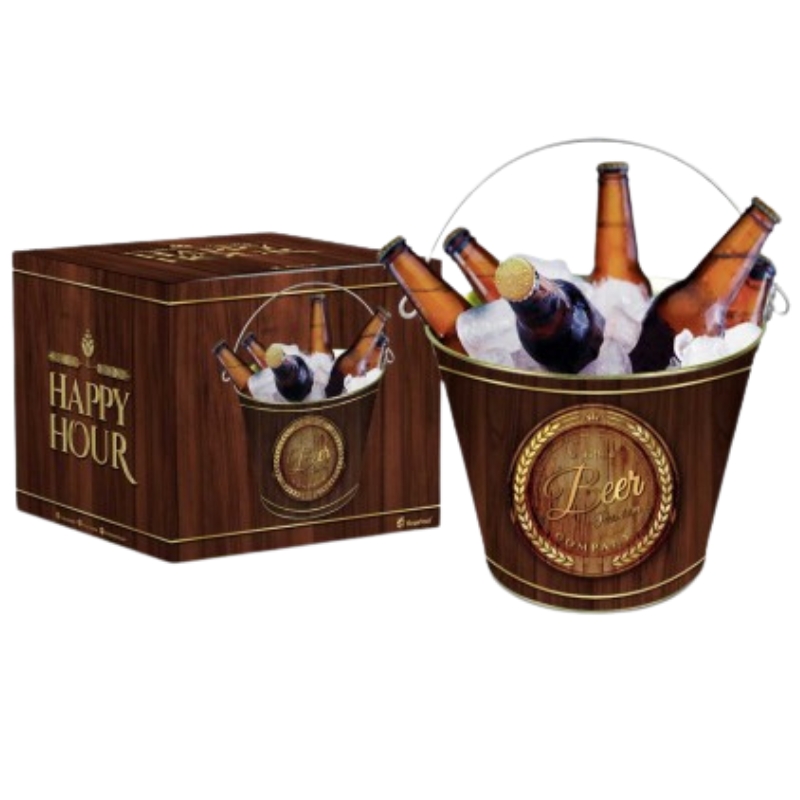 Balde de gelo "Beer" personalizado com garrafas de cerveja e embalagem temtica "Happy Hour", ideal para manter as bebidas geladas em festas e encontros.