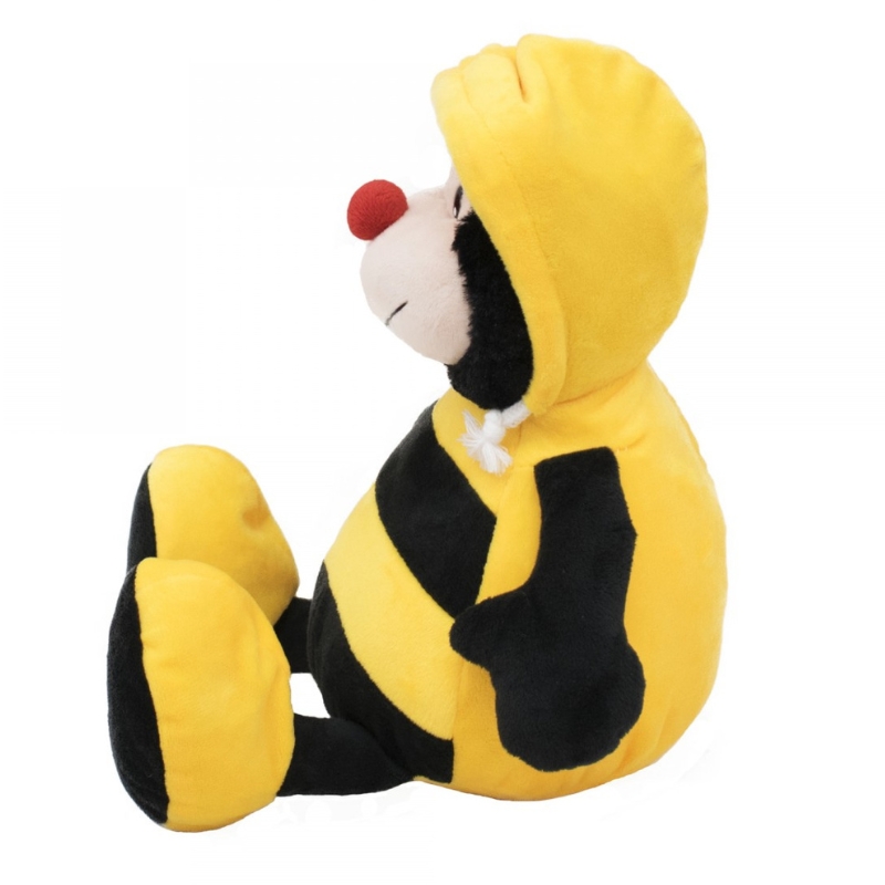 Pelcia abelha com capuz amarelo, corpo preto e amarelo, vista de lado, ideal para presente ou decorao infantil.