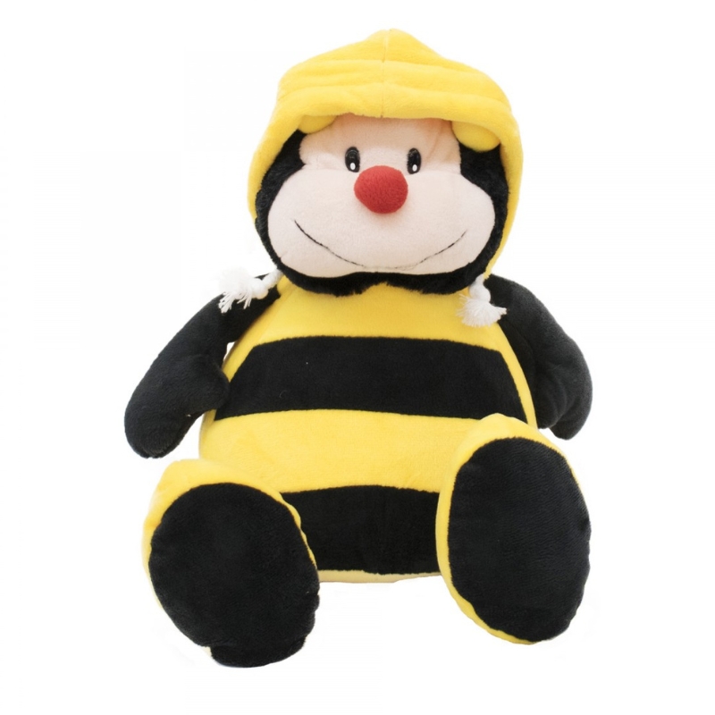 Pelcia abelha com capuz amarelo, corpo preto e amarelo, e rosto sorridente, ideal para presente ou decorao infantil.