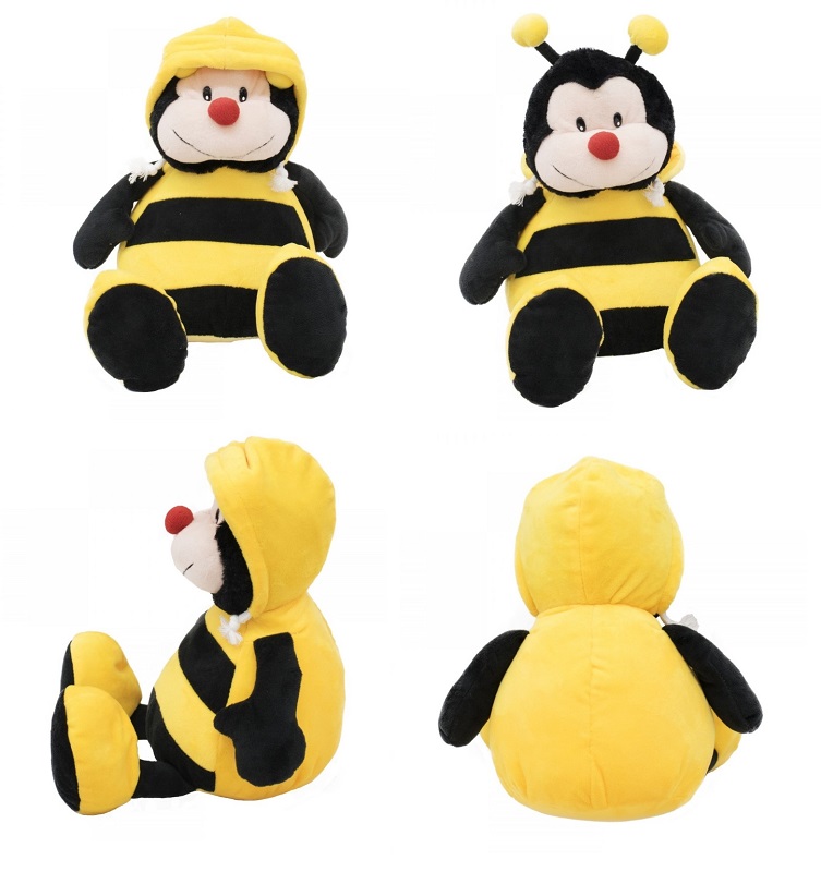 Quatro Pelcias de abelha com capuz amarelo, vista de costas, com corpo amarelo e preto, ideal para presente ou decorao infantil.