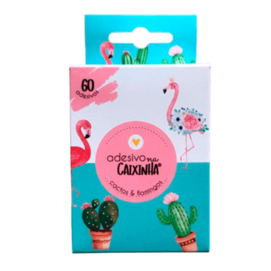 Caixa de adesivos com 60 unidades, apresentando desenhos de flamingos e cactos coloridos, ideal para personalizao e decorao criativa.