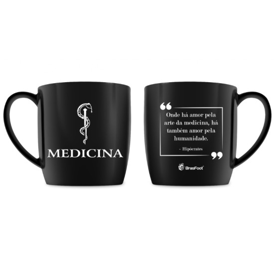 Caneca de porcelana preta com tema de Medicina, estampada com smbolo do caduceu e frase "Onde h amor pela arte da medicina, h tambm amor pela humanidade - Hipcrates".