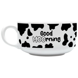 Caneca branca estilo tigela com estampa de manchas de vaquinha e texto "Good MOOrning".