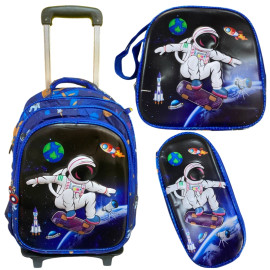 Mochila Kit C/ Lancheira e Estojo Astronauta C/ Carrinho de Rodinha Removvel