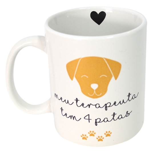 Caneca com a frase "Meu terapeuta tem 4 patas" e ilustrao de um cozinho, ideal para amantes de ces e para quem valoriza o conforto e a companhia dos pets.