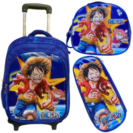 Mochila Kit C/ Lancheira e Estojo One Piece C/ Carrinho de Rodinha Removvel