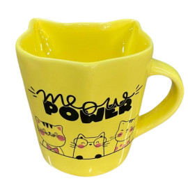 Caneca Gato Amarela Life Meow Power Com Formato Rosto Gato